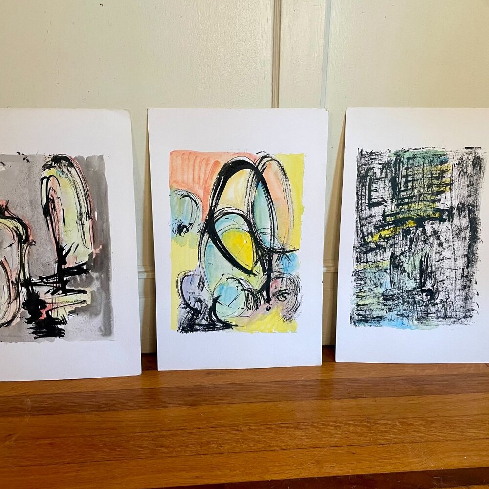 3x Original Abstract Paintings - Purchased in Paris, unsigned, unframed